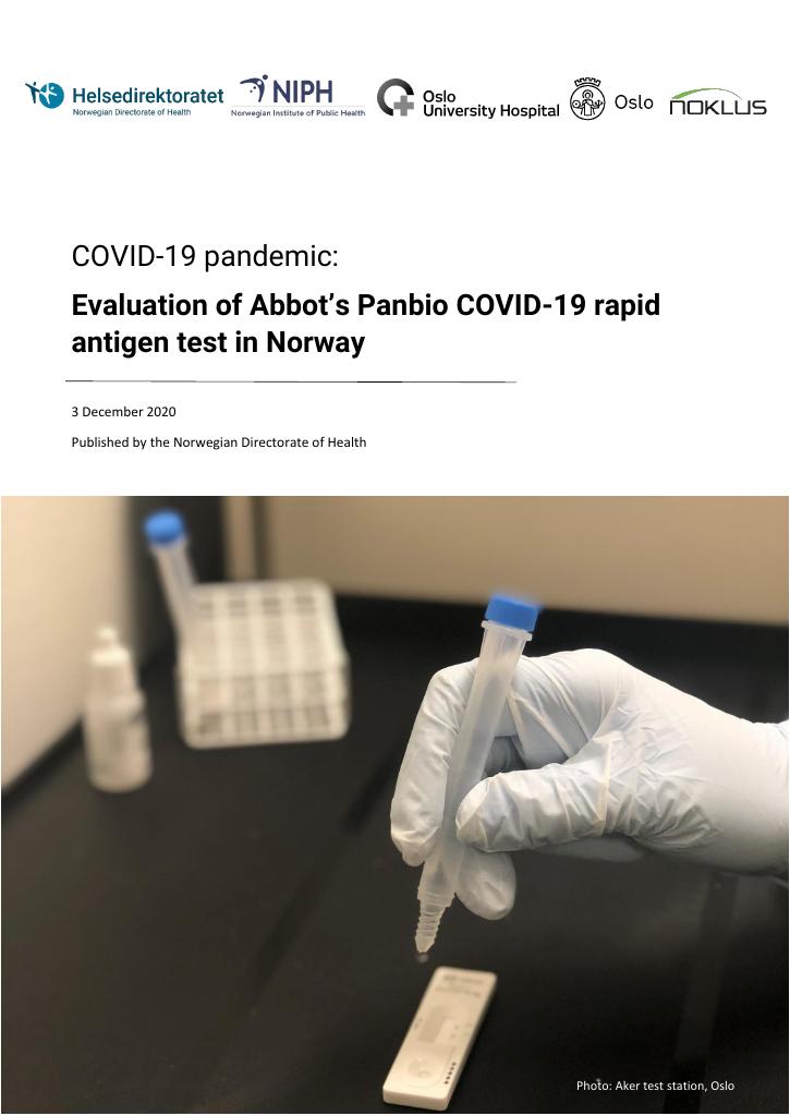 Forsiden av dokumentet Evaluation of Abbot’s Panbio COVID-19 rapid antigen test in Norway
