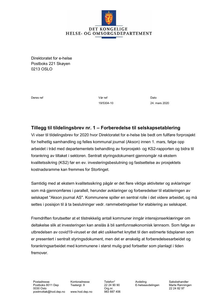 Forsiden av dokumentet Tildelingsbrev Direktoratet for e-helse 2020 - tillegg nr. 1