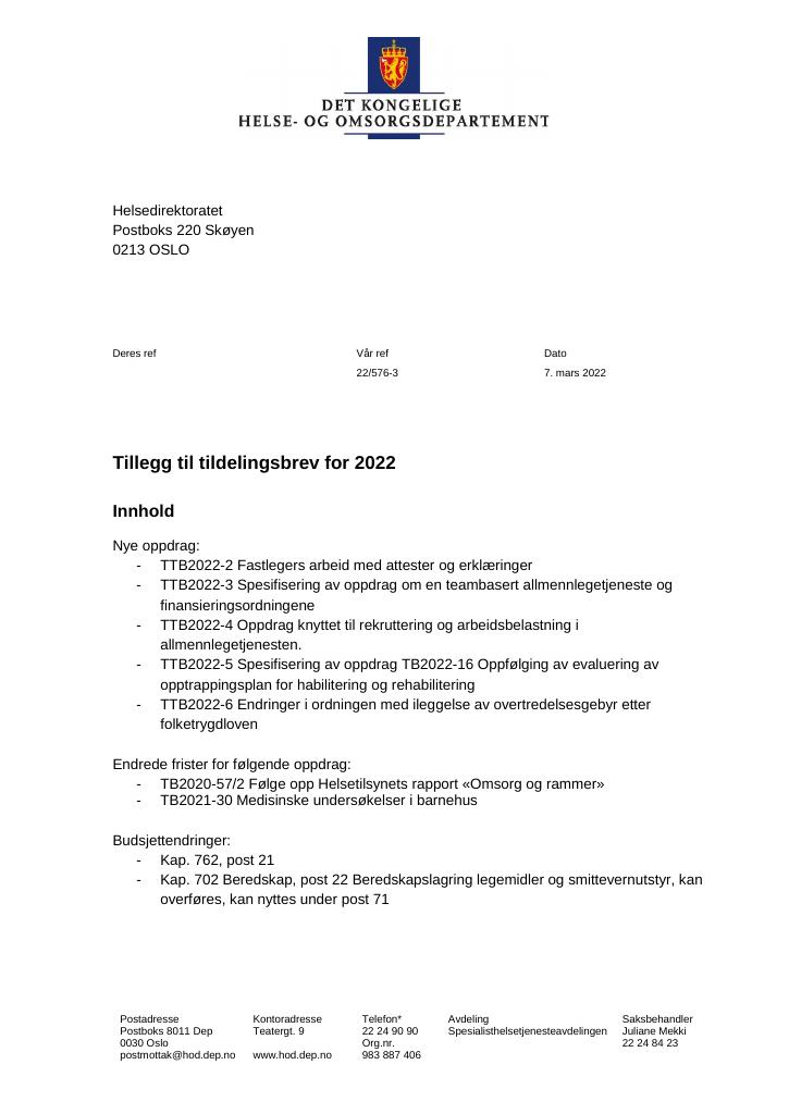 Tildelingsbrev Helsedirektoratet 2022 - Tillegg - Kudos