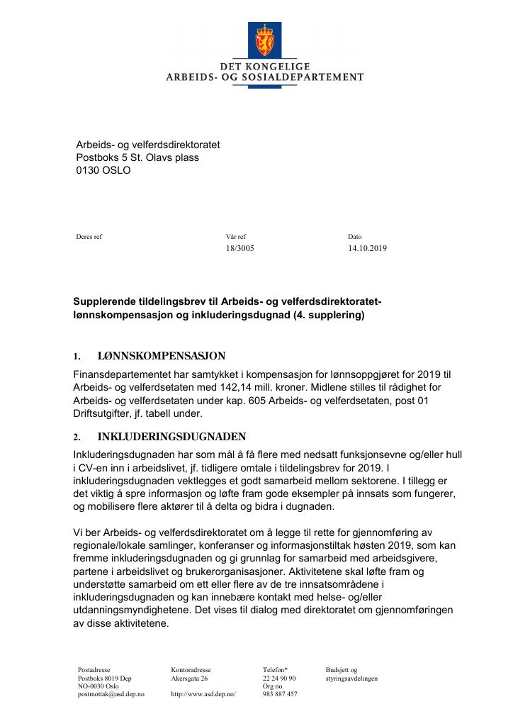 Forsiden av dokumentet Tildelingsbrev Arbeids- og velferdsdirektoratet 2019 - tillegg nr. 4