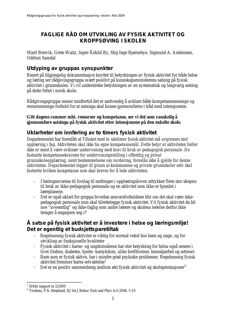 Forsiden av dokumentet Anbefalinger fra rådgivingsgruppa for fysisk aktivitet