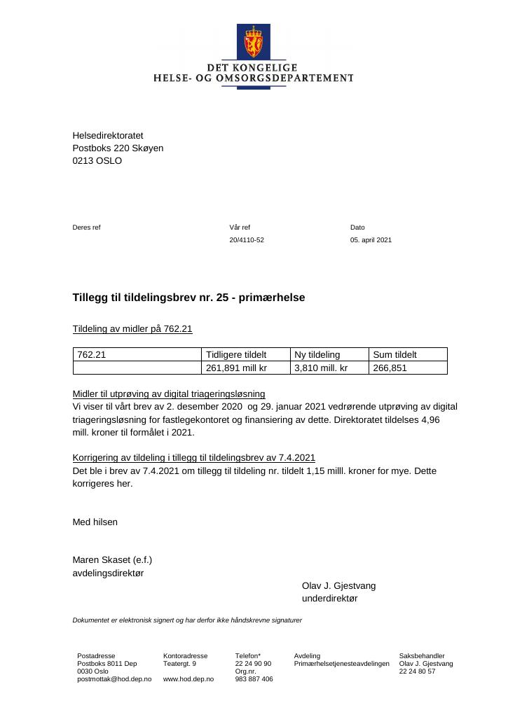 Forsiden av dokumentet Tildelingsbrev Helsedirektoratet 2021 - tillegg nr. 25