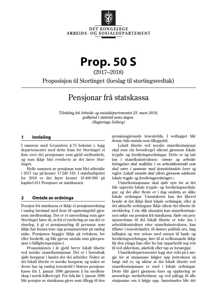 Forsiden av dokumentet Prop. 50 S (2017–2018)