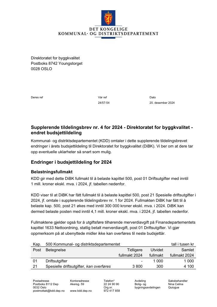 Forsiden av dokumentet Tildelingsbrev Direktoratet for byggkvalitet 2024 - tillegg nr. 4