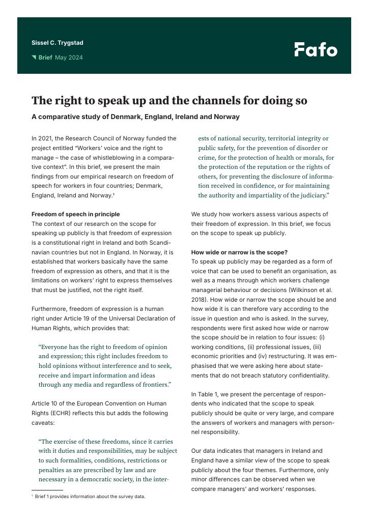 Forsiden av dokumentet The right to speak up and the channels for doing so : A comparative study of Denmark, England, Ireland and Norway