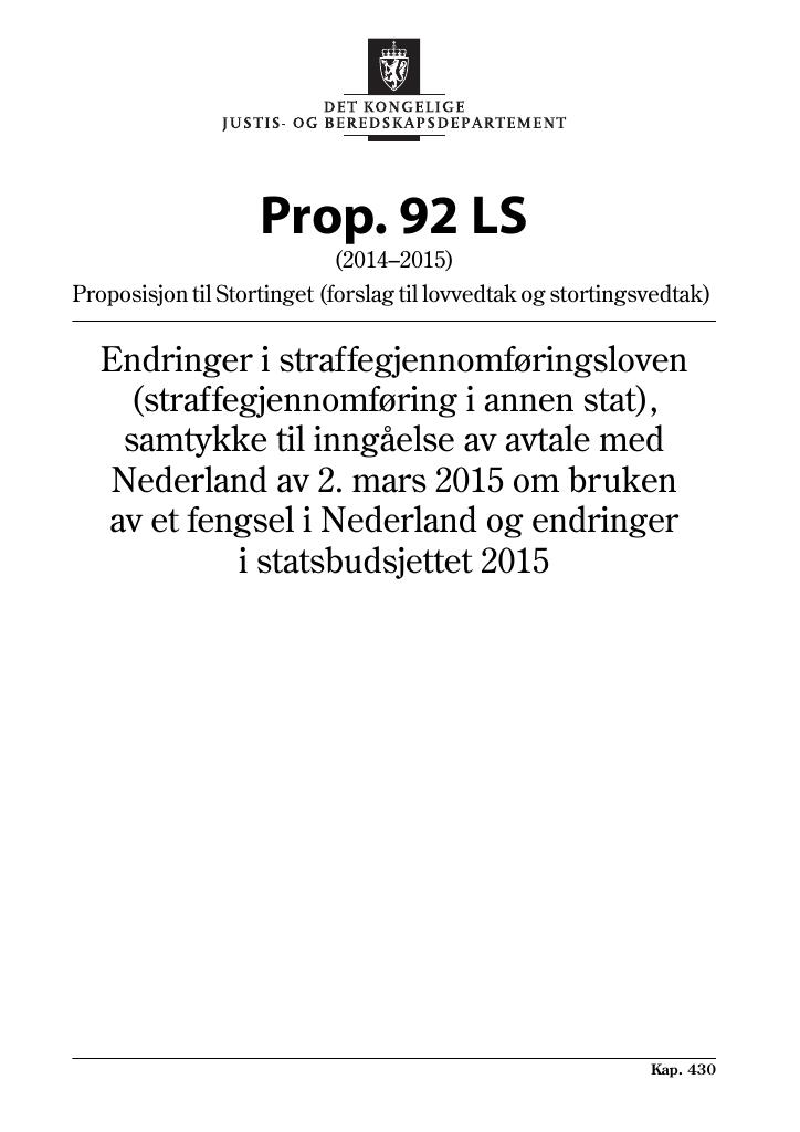 Forsiden av dokumentet Prop. 92 LS (2014-2015)