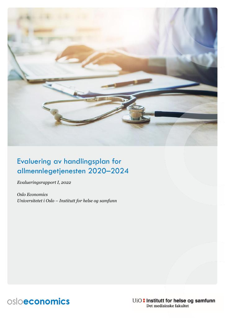 Forsiden av dokumentet Evaluering av handlingsplan for allmennlegetjenesten 2020–2024, evalueringsrapport I