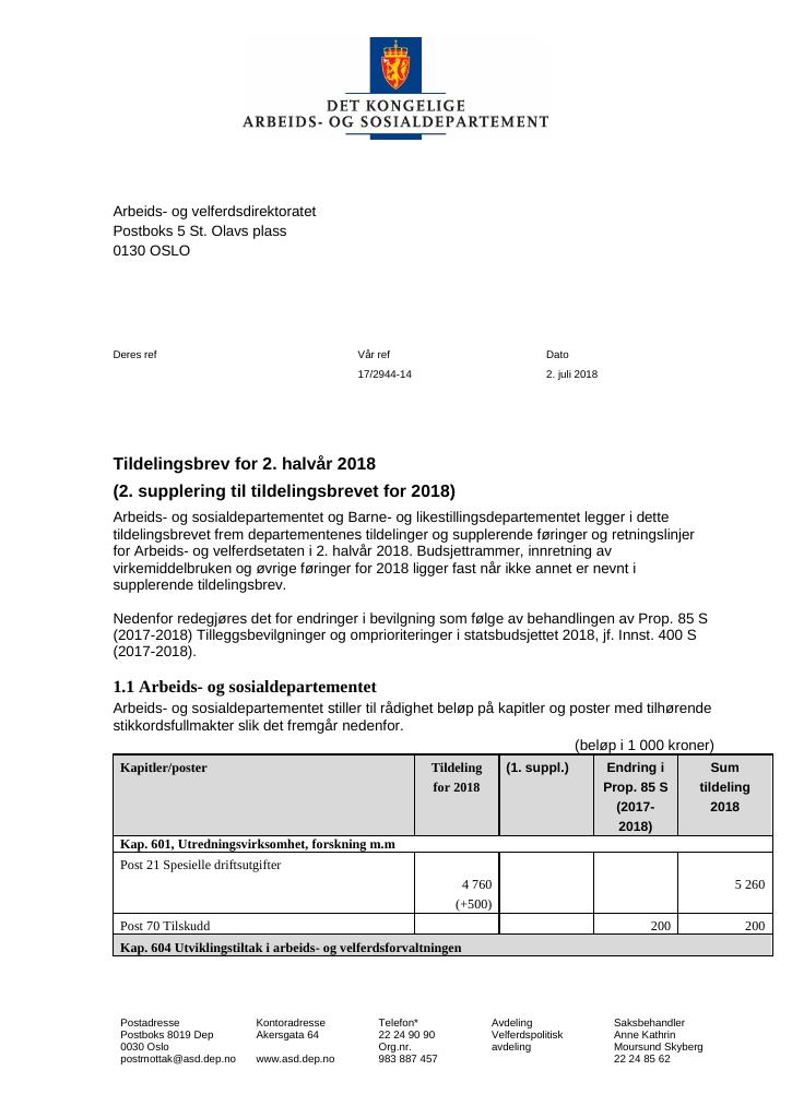 Forsiden av dokumentet Supplerende tildelingsbrev nr. 2 Arbeids- og velferdsdirektoratet 2018