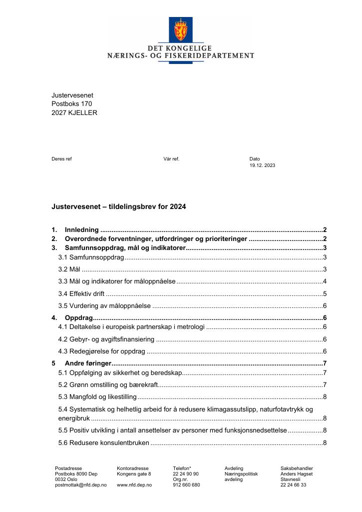 Forsiden av dokumentet Tildelingsbrev Justervesenet 2024