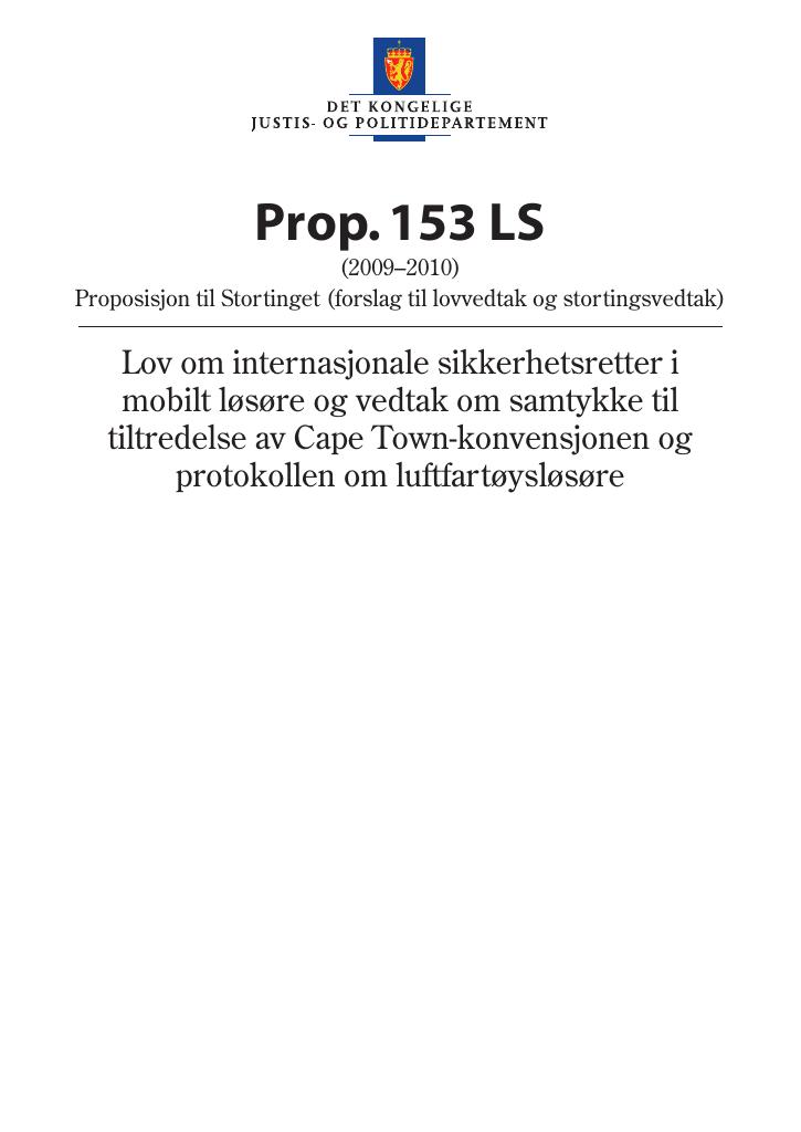Forsiden av dokumentet Prop. 153 LS (2009–2010)