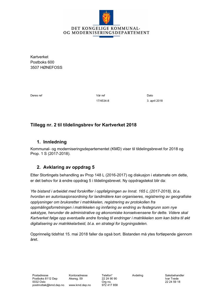 Forsiden av dokumentet Tildelingbrev Kartverket 2018 - tillegg nr. 2