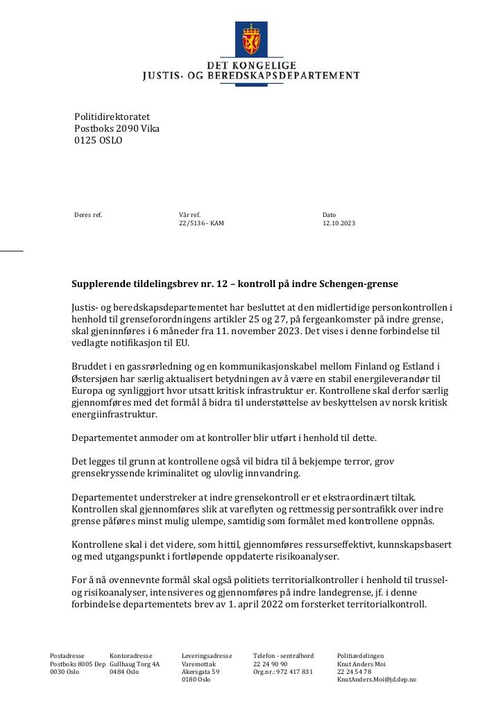 Forsiden av dokumentet Tildelingsbrev Politiet 2023 - tillegg nr. 2