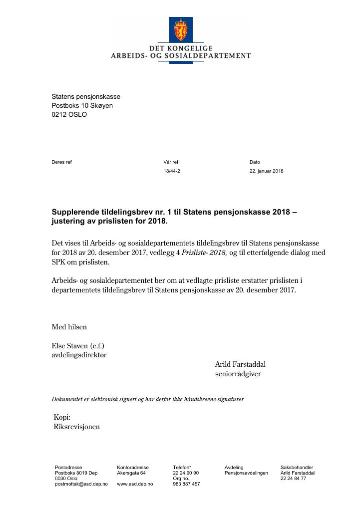 Forsiden av dokumentet Supplerende tildelingsbrev nr. 1 Statens pensjonskasse 2018