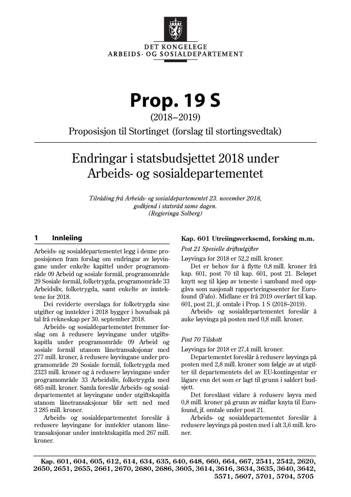 Forsiden av dokumentet Prop. 19 S (2018–2019)