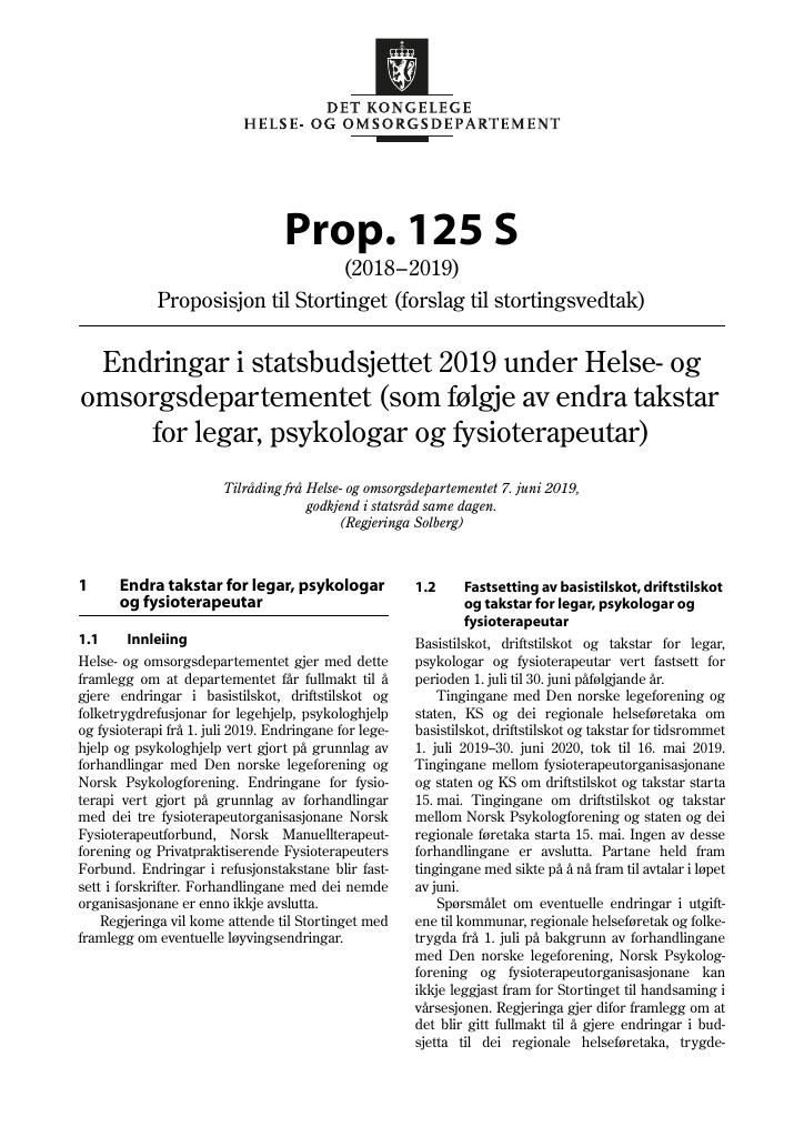 Forsiden av dokumentet Prop. 125 S (2018–2019)