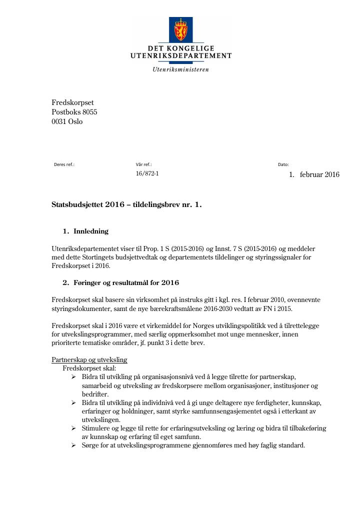 Forsiden av dokumentet Tildelingsbrev (pdf)