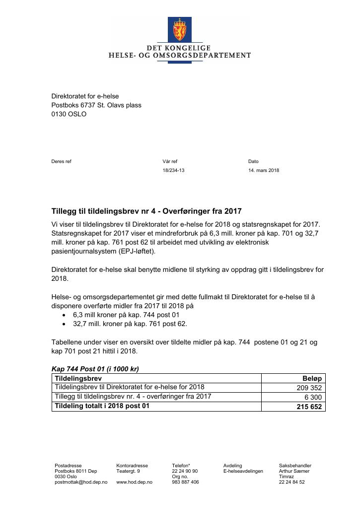 Forsiden av dokumentet Tildelingsbrev Direktoratet for e-helse 2022 - tillegg nr. 4