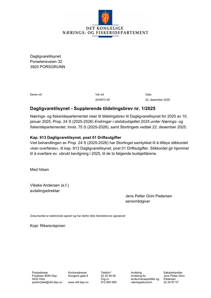 Forsiden av dokumentet Tildelingsbrev Dagligvaretilsynet 2025 - tillegg