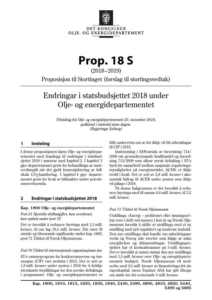 Forsiden av dokumentet Prop. 18 S (2018–2019)