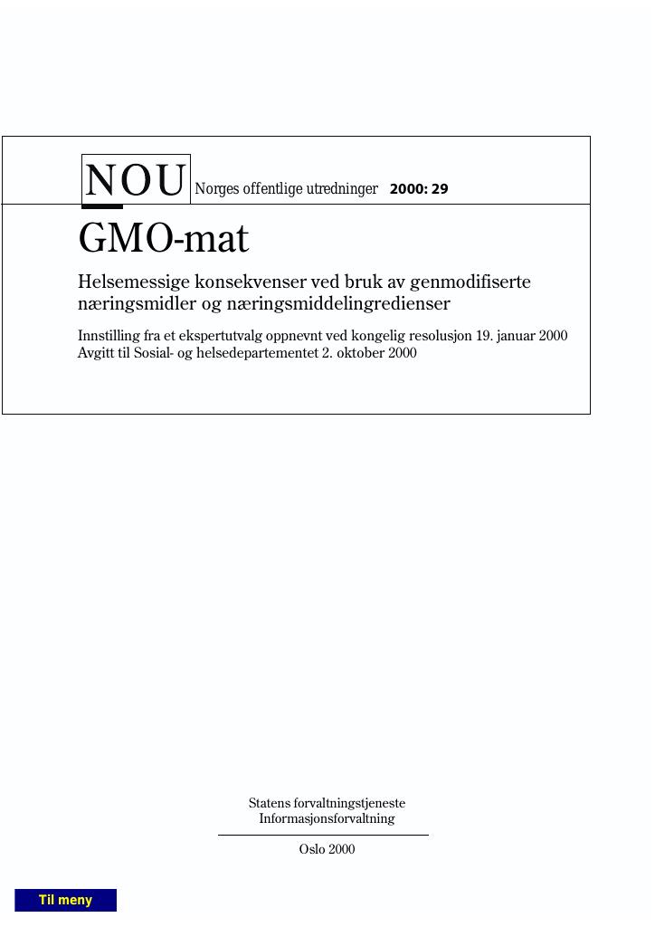 Forsiden av dokumentet NOU 2000: 29 - GMO-mat