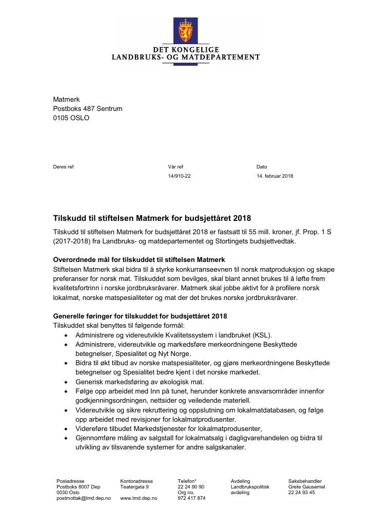 Forsiden av dokumentet Tilskudd til stiftelsen Matmerk 2018