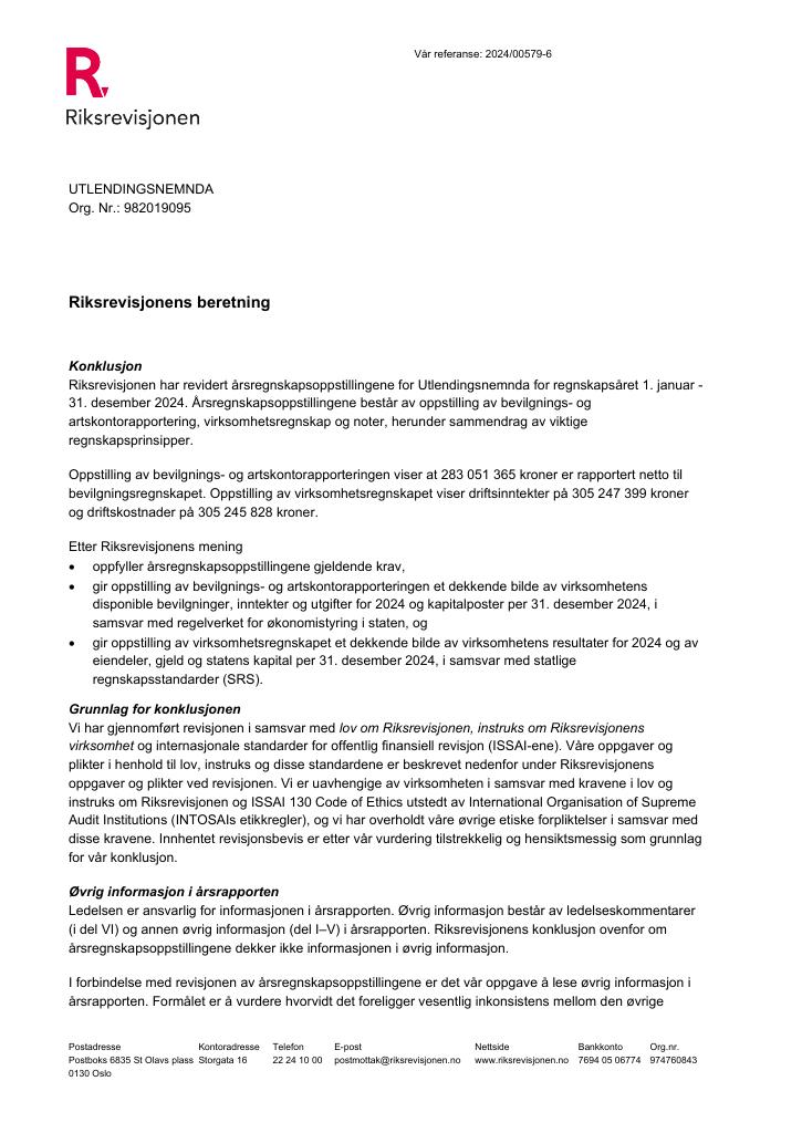 Forsiden av dokumentet Revisjonsberetning Utlendingsnemnda 2024