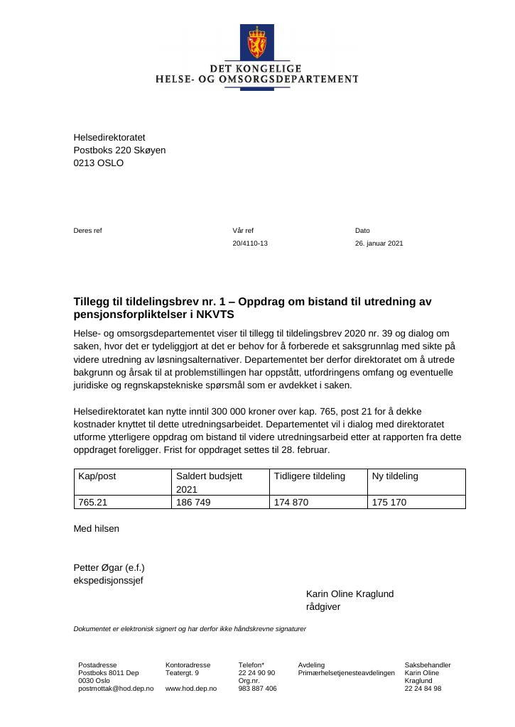 Forsiden av dokumentet Tildelingsbrev Helsedirektoratet 2021 - tillegg nr. 1