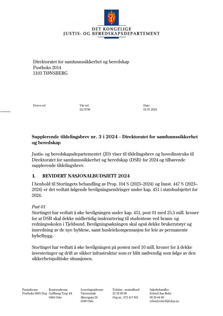 Forsiden av dokumentet Tildelingsbrev Direktoratet for samfunnssikkerhet og beredskap 2024 - tillegg nr. 3