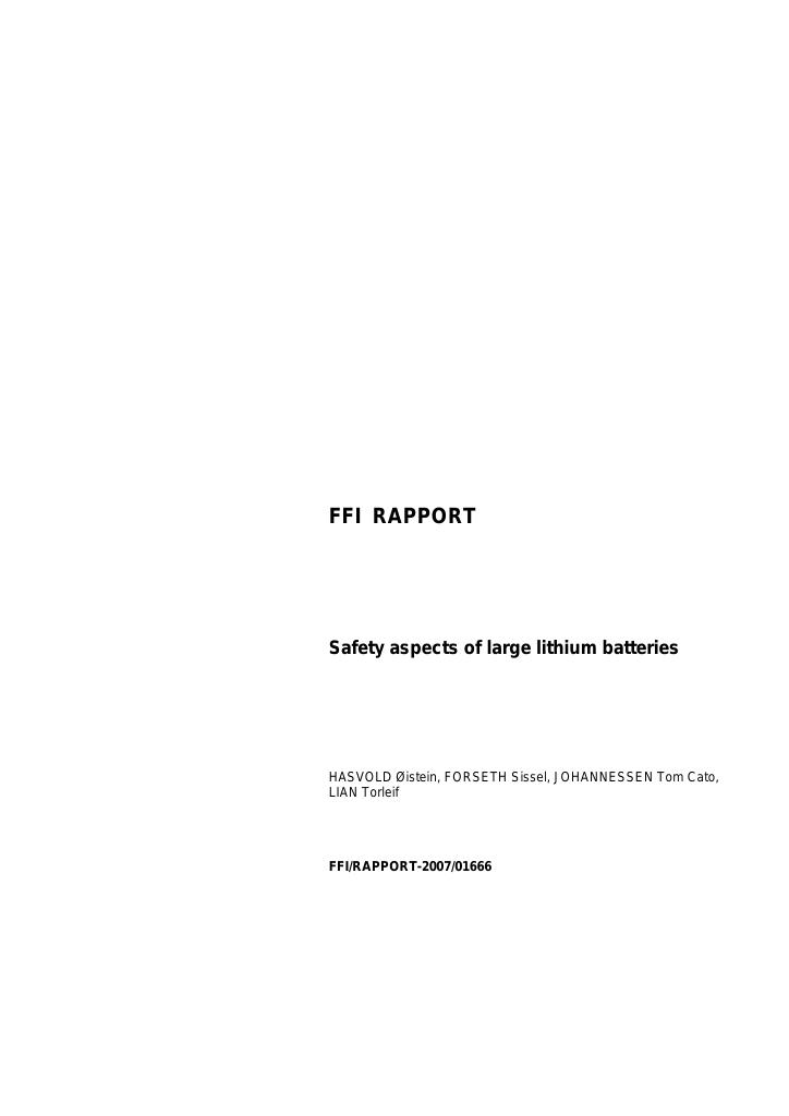 Forsiden av dokumentet Safety aspects of large lithium batteries