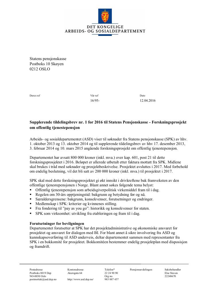 Forsiden av dokumentet Tildelingsbrev Statens pensjonskasse 2016 - tillegg nr. 1 til nr. 4