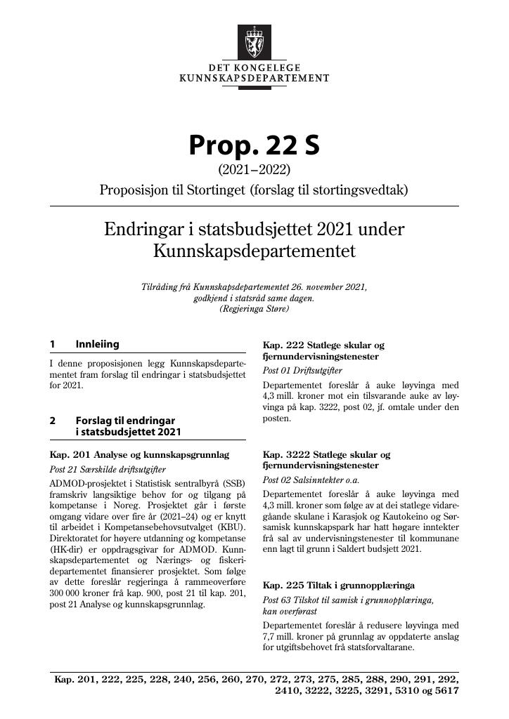 Forsiden av dokumentet Prop. 22 S (2021–2022)