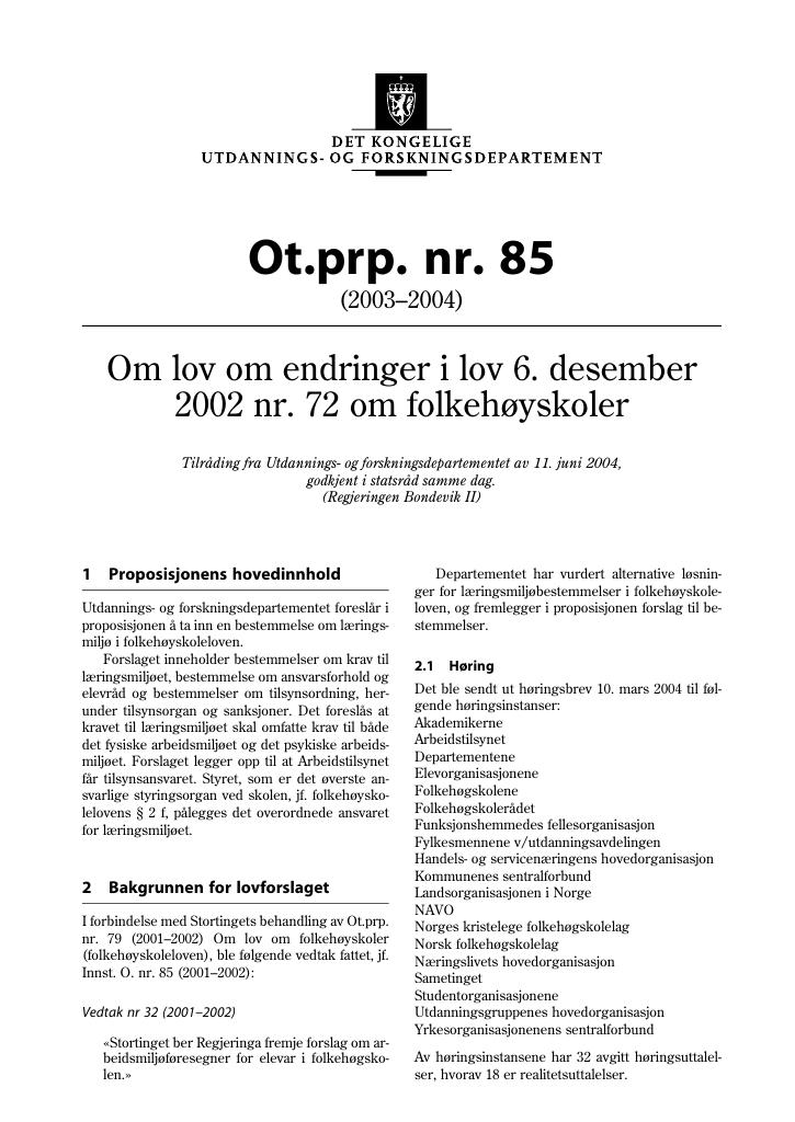 Forsiden av dokumentet Ot.prp. nr. 85 (2003-2004)