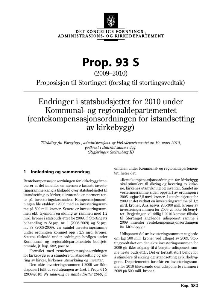 Forsiden av dokumentet Prop. 93 S (2009-2010)