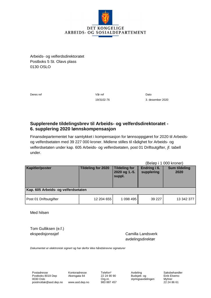 Forsiden av dokumentet Tildelingsbrev Arbeids- og velferdsdirektoratet 2020 - tillegg nr. 6
