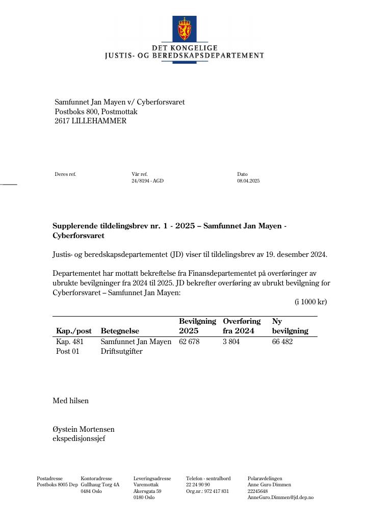 Forsiden av dokumentet Tildelingsbrev Samfunnet Jan Mayen – Cyberforsvaret 2025 - tillegg nr. 1