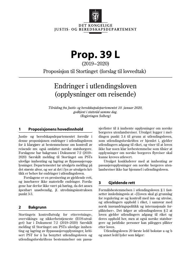 Forsiden av dokumentet Prop. 39 L (2019–2020)