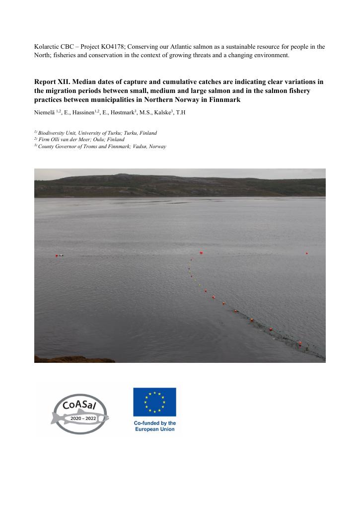 Forsiden av dokumentet REPORT XII. Median dates of capture and cumulative catches are indicating clear variations in the migration periods between small, medium and large salmon and in the salmon fishery practices between municipalities in Northern Norway in Finnmark