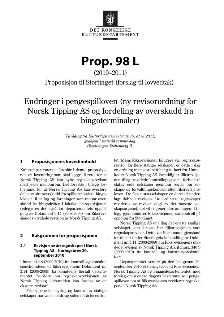 Forsiden av dokumentet Prop. 98 L (2010–2011)