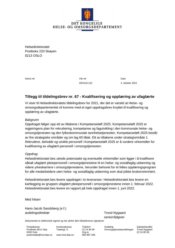 Forsiden av dokumentet Tildelingsbrev Helsedirektoratet 2021 - tillegg nr. 67