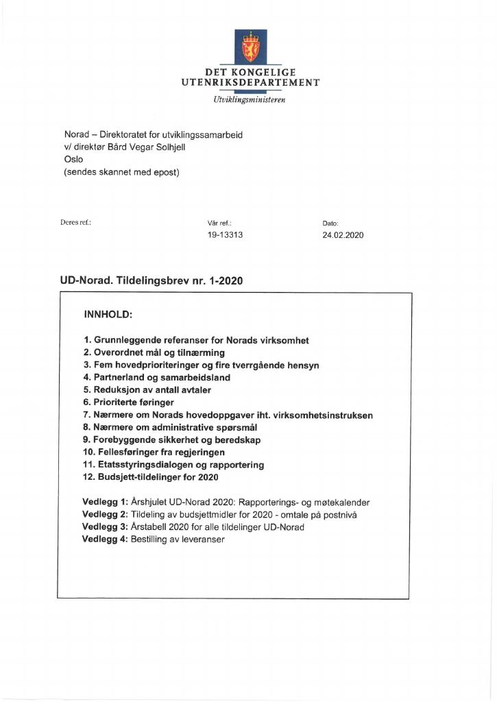 Forsiden av dokumentet Tildelingsbrev Norad 2020