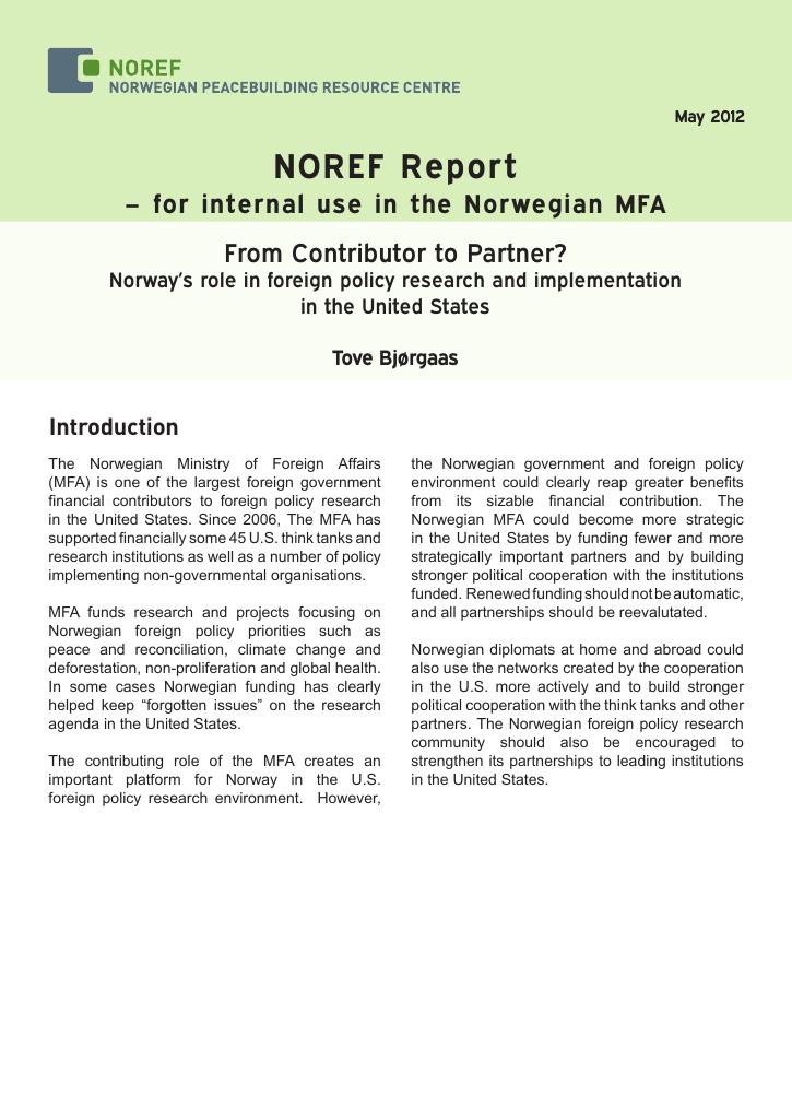 Forsiden av dokumentet From Contributor to Partner? Norway’s role in foreign policy research and implementation in the United States
