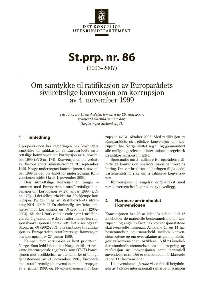 Forsiden av dokumentet St.prp. nr. 86 (2006-2007)