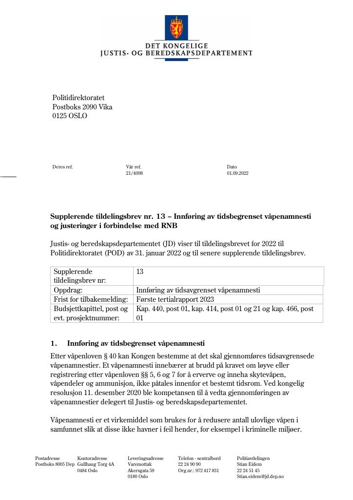 Forsiden av dokumentet Tildelingsbrev Politidirektoratet 2022 - tillegg nr. 13