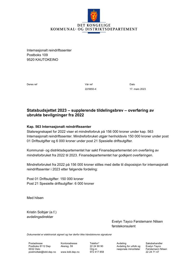 Forsiden av dokumentet Supplerende tildelingsbrev 1.pdf 2023