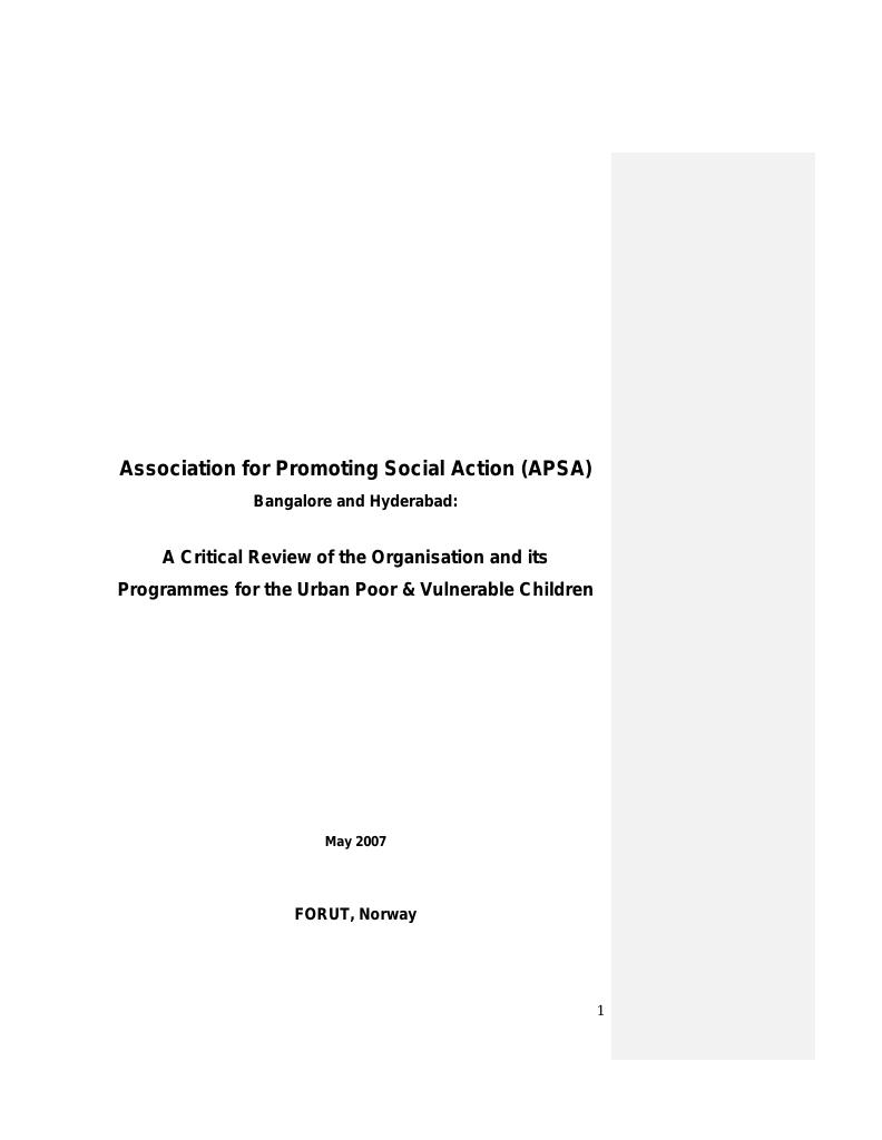 Forsiden av dokumentet Association for Promoting Social Action (APSA) – A Critical Review of the Organisation and its Programmes for the Urban Poor and Vulnerable Children