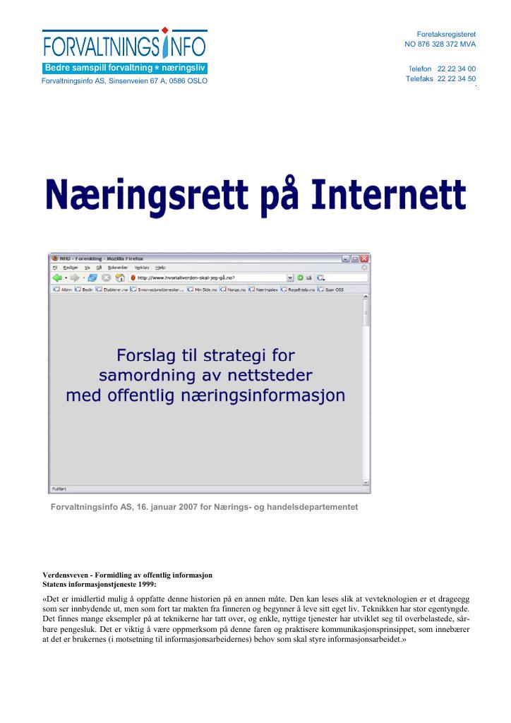 Forsiden av dokumentet Næringsrett på Internett (rapport om strategi for samordning av statlige nettsteder med offentlig næringsiformasjon)