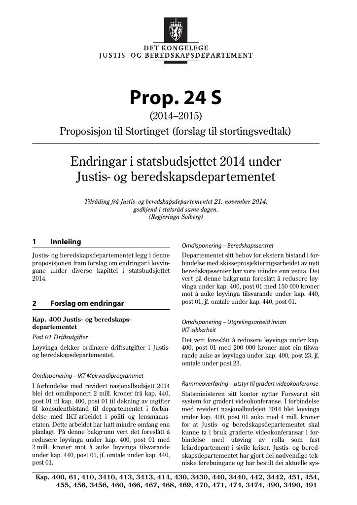 Forsiden av dokumentet Prop. 24 S (2014–2015)