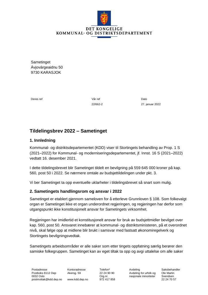 Forsiden av dokumentet Tildelingsbrev Sametinget 2022