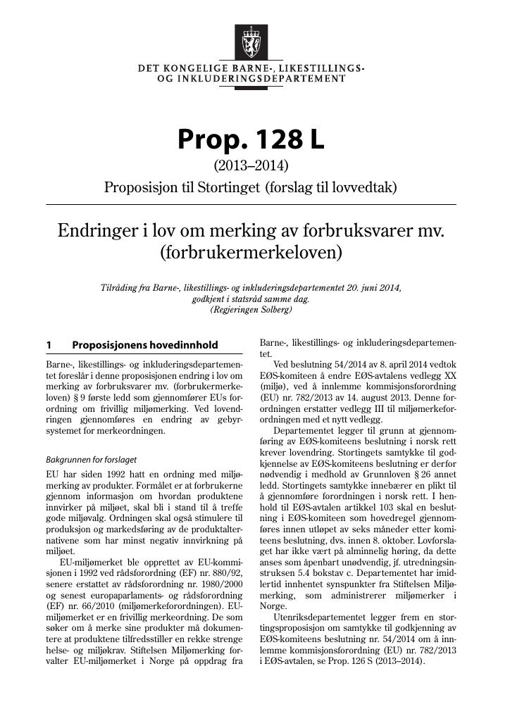 Forsiden av dokumentet Prop. 128 L (2013–2014)