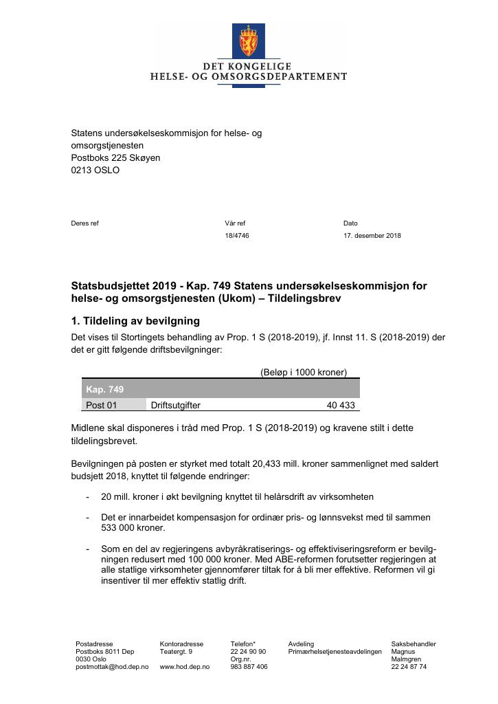 Forsiden av dokumentet Tildelingsbrev Statens undersøkelseskommisjon for helse- og omsorgstjenesten (UKOM) 2019